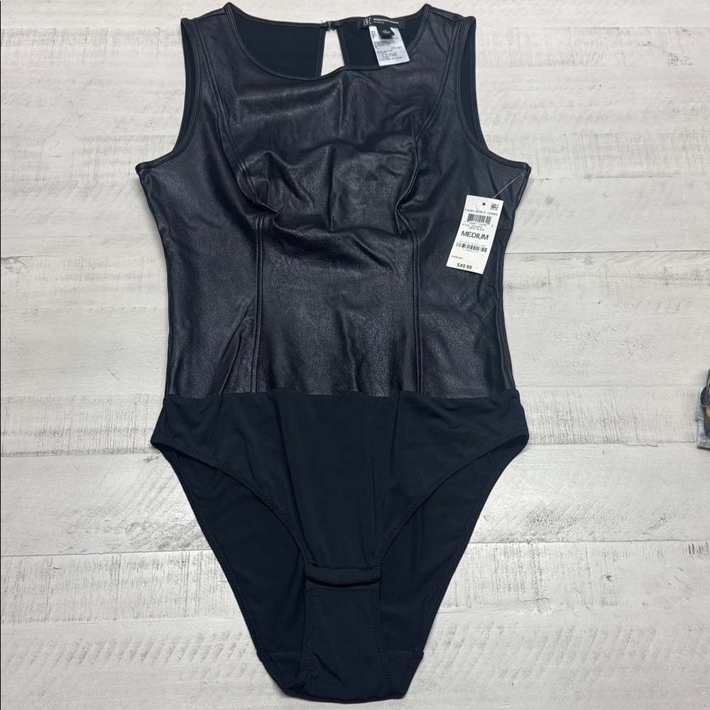 INC International Concepts Black Faux Leather Sleeveless Bodysuit nwt